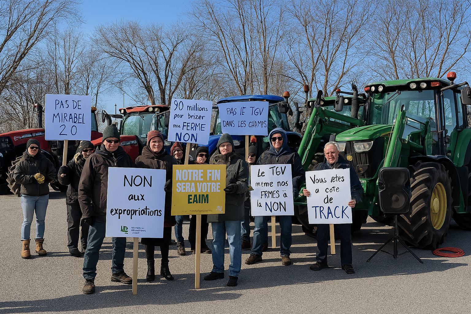 Des agriculteurs ont manifesté le 19 février à Berthierville près du lieu où se tenait une journée de consultation organisée par Alto sur le projet de train à grande vitesse. Crédit photo : Courtoisie UPA Lanaudière